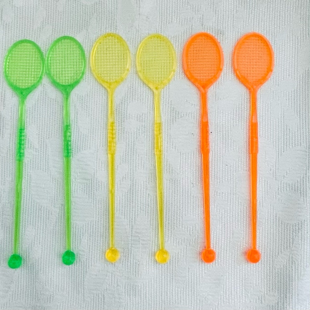 Vtg Racket Swizzle Sticks Drink Stirrers Tennis Rackets Balls Neon Colors 6 lot